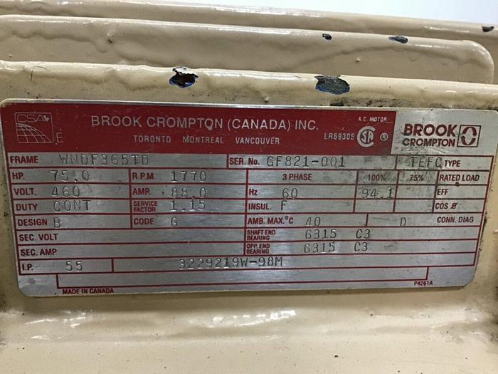 Used BROOK CROMPTON 75 HP Motor 3229219W-98M Used