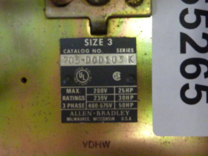 Used ALLEN BRADLEY Motor Starter Size 3 705-DOD103 SER K #55265