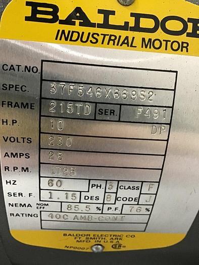 Used BALDOR 10 HP Industrial Motor 37F546X669S2 Used