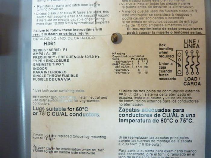 Used SQUARE D 30 Amp Safety Disconnect Switch H361 E1 Used