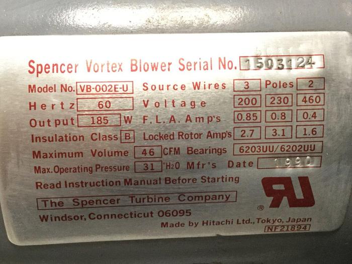 Used SPENCER Vortex Blower VB-002E-U #110086