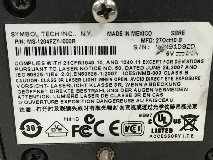 Used SYMBOL TECHNOLOGIES Bar Code Scanner MS-1204F2F-I000R #129269