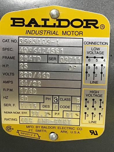 Used BALDOR 25 HP Motor 3983109-1 Used