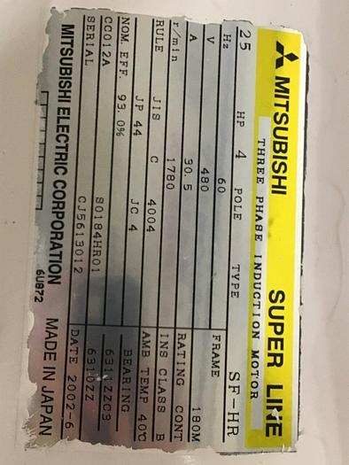 Used MITSUBISHI 25 HP Motor SF-HR #127129