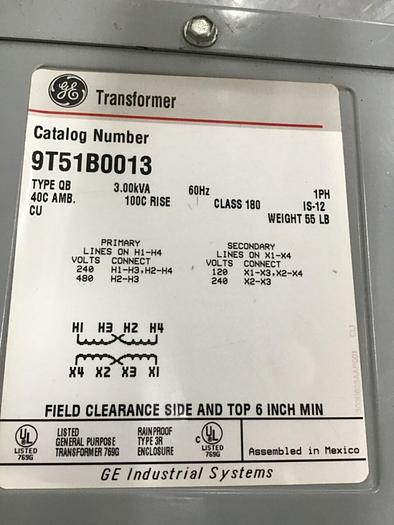 Used GENERAL ELECTRIC 3.00 kVA Transformer 9T51B0013 #134527