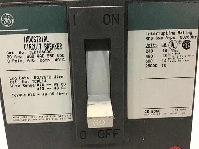 Used GENERAL ELECTRIC / GE 30 Amp Circuit Breaker TED136030 #131924