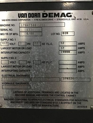 Used VAN DORN DEMAG 170 Ton Injection Mold Machine 170HT500 USED