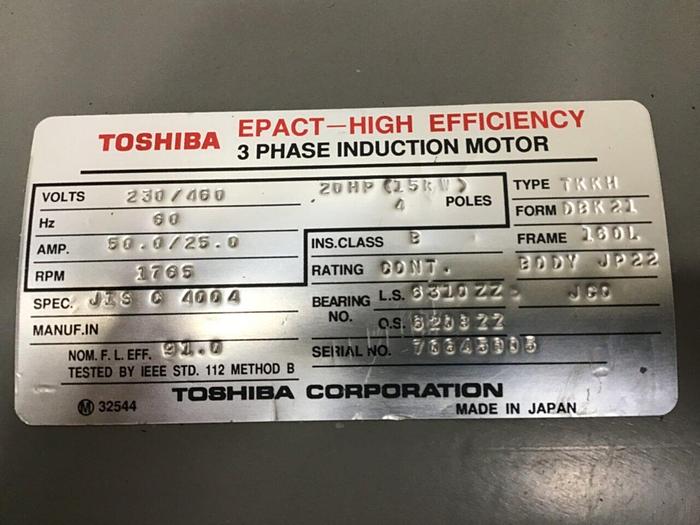 Used TOSHIBA 20 HP Induction Motor JIS C 4004 20 HP Used