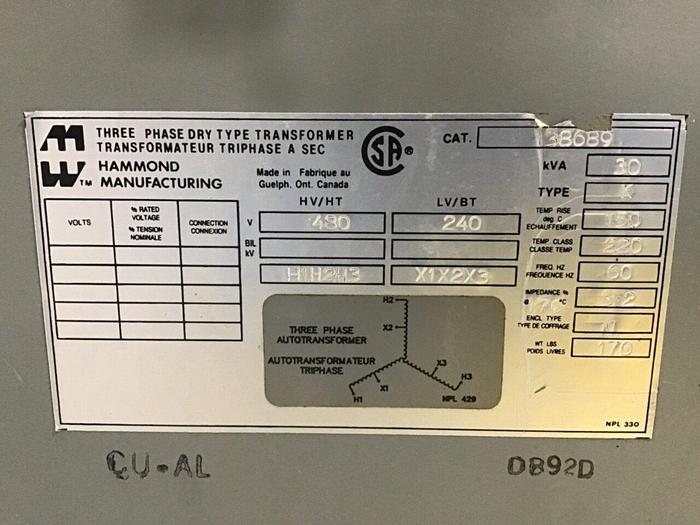 Used HAMMOND 30 kVA Autotransformer 138689 #134724