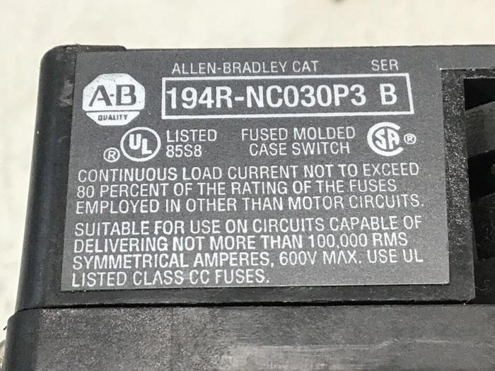 Used ALLEN BRADLEY Manual Motor Disconnect Switch 194R-NC030P3 #131279