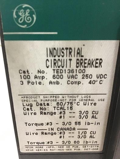 Used GE 100 Amp Breaker TED136100 / DISCONNECT #143644