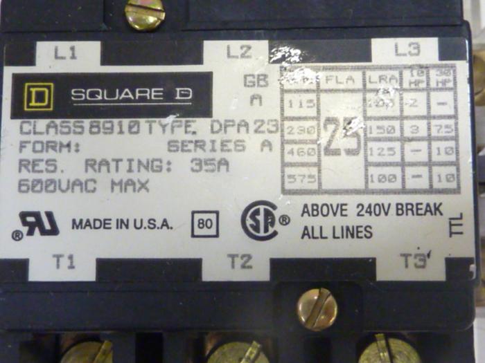 Used SQUARE D Contactor 8910-DPA23 #46152