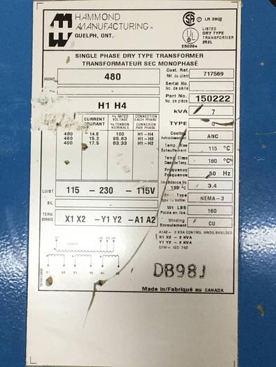 Used HAMMOND 7 kVA Dry Type Transformer 150222 #95178