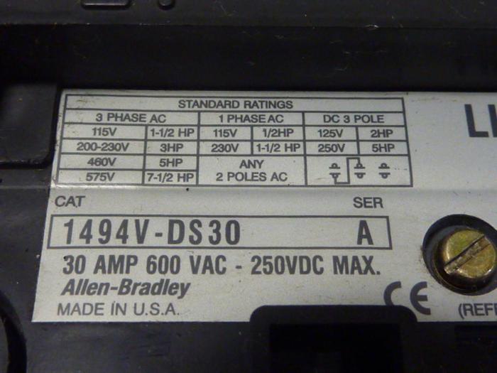 Used ALLEN BRADLEY 30 Amp Disconnect Switch 1494V-DS30 SER A #57411