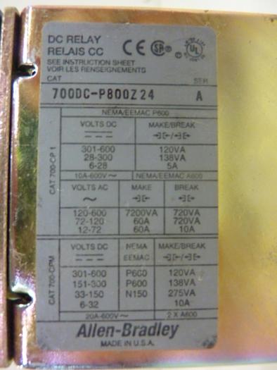 Used ALLEN BRADLEY DC Relay 700DC-P800Z24 SER A #87091