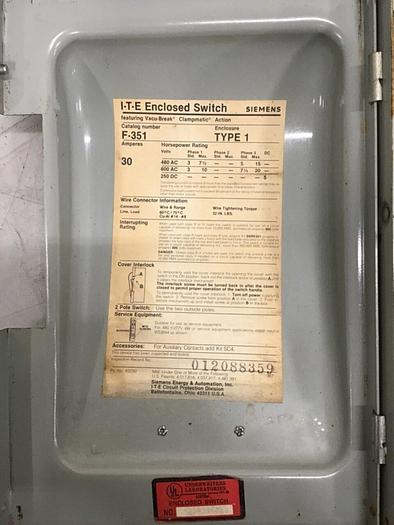 Used SIEMENS 30 Amp ITE Heavy Duty Vacu-Break F-351 #127050