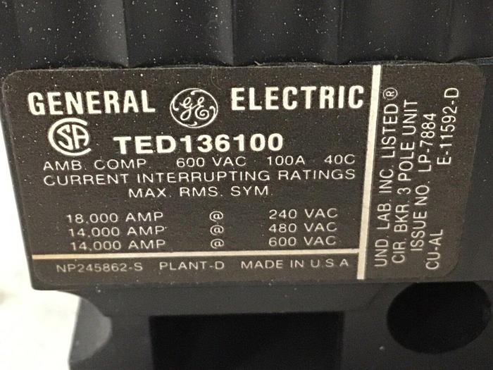 Used GENERAL ELECTRIC / GE 100 Amp Circuit Breaker TED136100 #138641