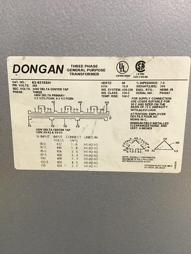 Used DONGAN 15 kVA Transformer 63-6215SH Used