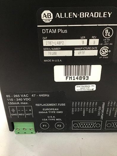 Used ALLEN BRADLEY DTAM Plus Operator Interface 2707-L40P2 SER B USED