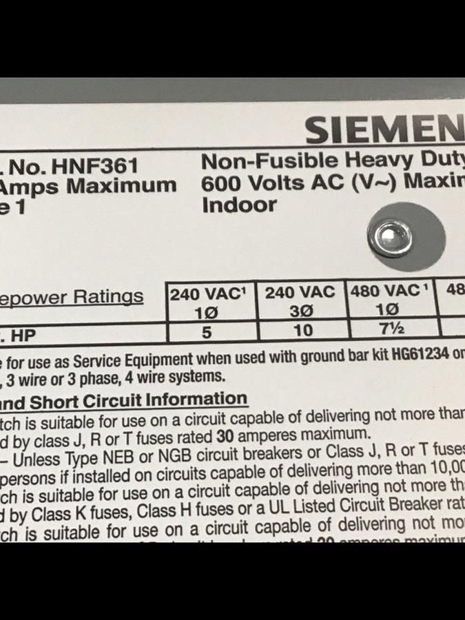 Used SIEMENS 30 Amp Safety Disconnect Switch HNF361 VBII USED