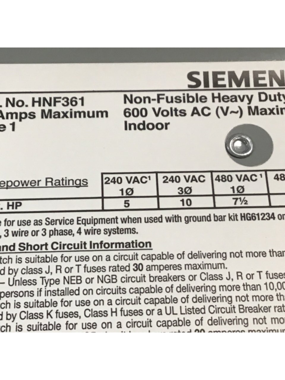 Used SIEMENS 30 Amp Safety Disconnect Switch HNF361 VBII USED