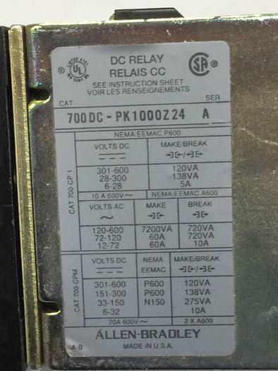 Used ALLEN BRADLEY Relay 700DC-PK1000Z24 #92915