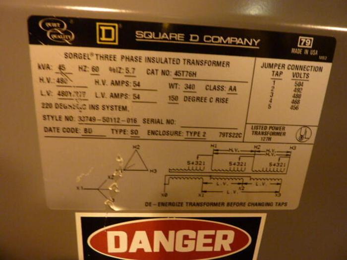 Used DUPLICATE ENTRY / DNL / SQUARE D 45 kVA Insulated Transformer 45T76H Used