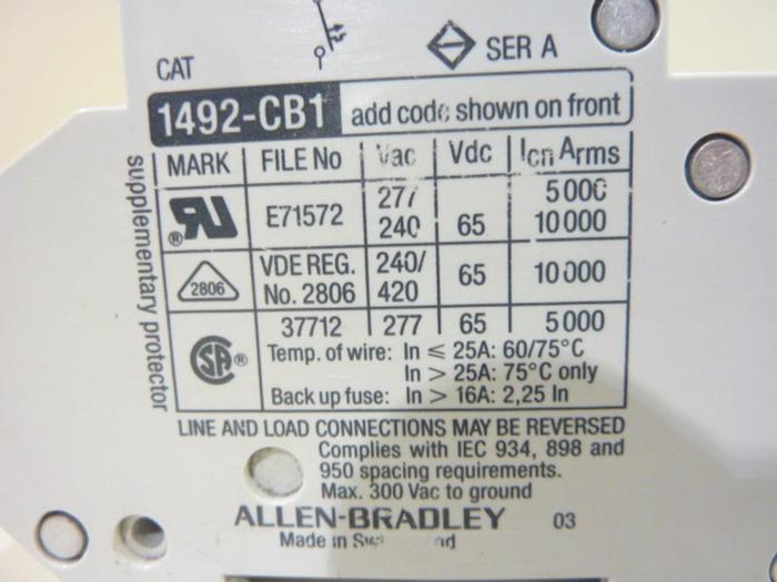Used ALLEN BRADLEY 1 Amp Circuit Breaker 1492-CB1/G010 SER A #41912