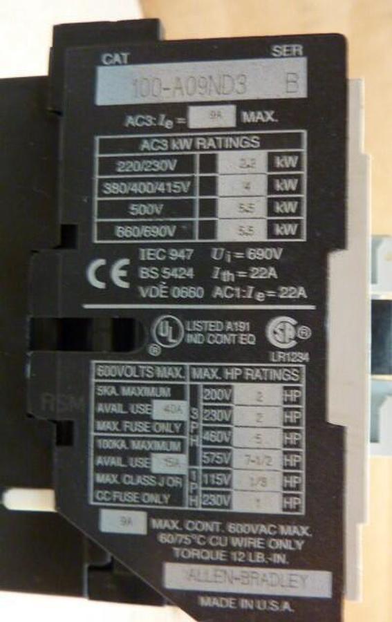 Used ALLEN BRADLEY Contactor 100-A09ND3 SER B Used