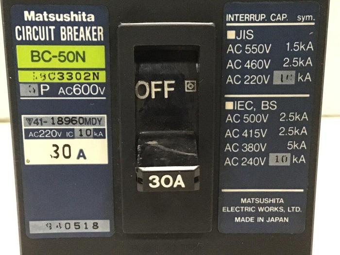 Used MATSUSHITA 30 Amp Circuit Breaker BC-50N-30-3P #119802