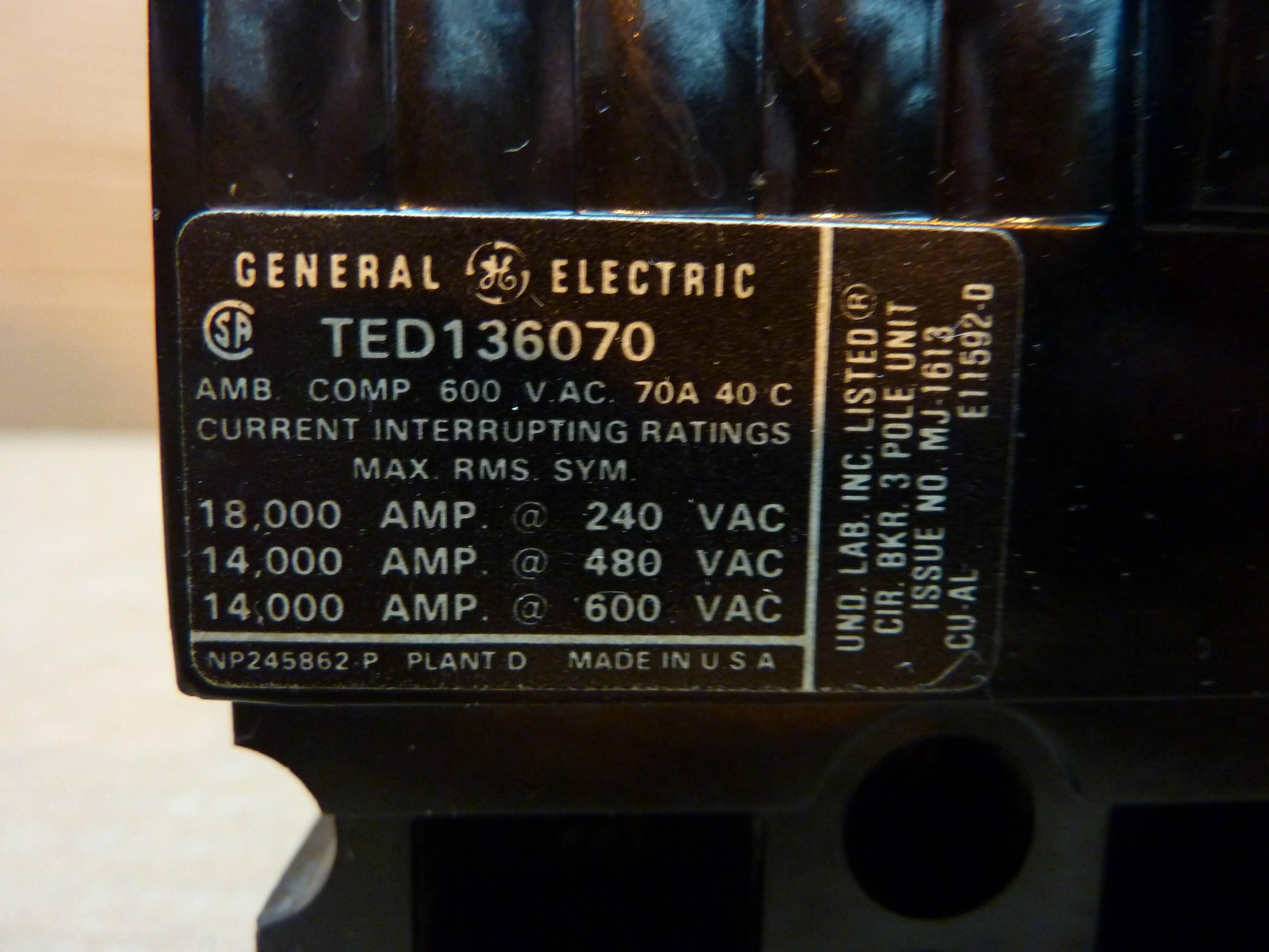 Used GENERAL ELECTRIC / GE 70 Amp Circuit Breaker TED136070 Used