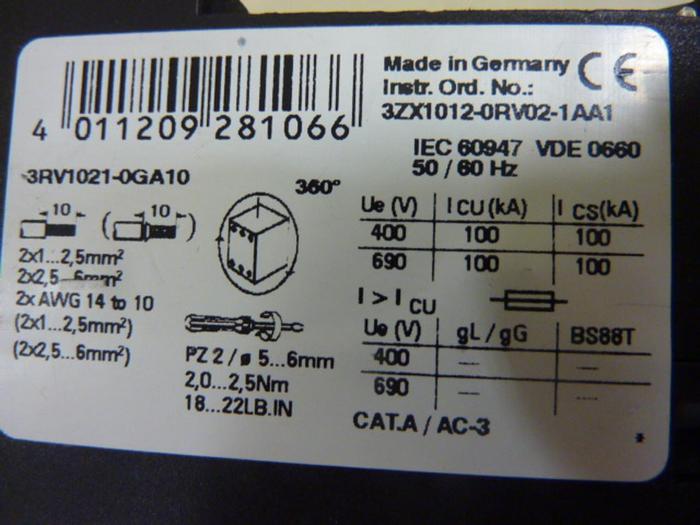 Used SIEMENS 0.63 Amp Circuit Breaker 3RV1021-0GA10 #50115