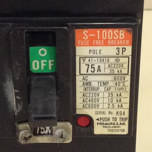 Used HITACHI 75 Amp Circuit Breaker S-100SB #69846