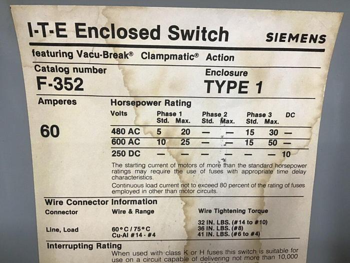 Used SIEMENS 60 Amp Safety Disconnect Switch F352 #130003