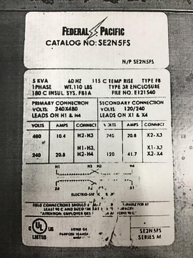 Used FEDERAL PACIFIC 5 kVA Transformer SE2N5FS #123548