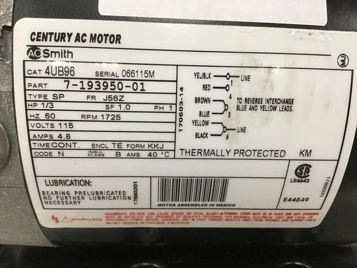 Used AO SMITH 1/3 HP Century AC Motor 4UB96 #127649