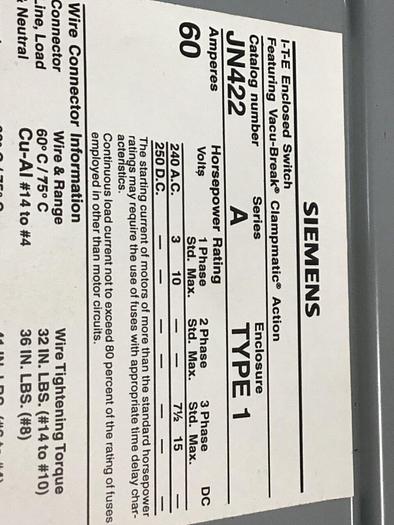 Used SIEMENS 60 Amp I-T-E Disconnect Switch JN422 #137901