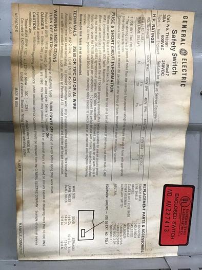 Used GENERAL ELECTRIC / GE 30 Amp Safety Switch TH3361 #125044