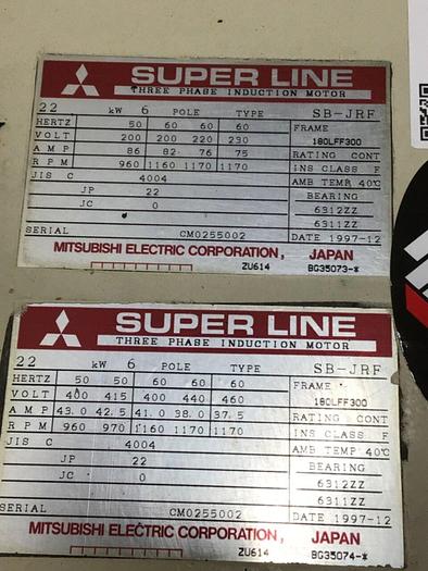 Used MITSUBISHI 30 HP Induction Motor SB-JRF 30 HP Used