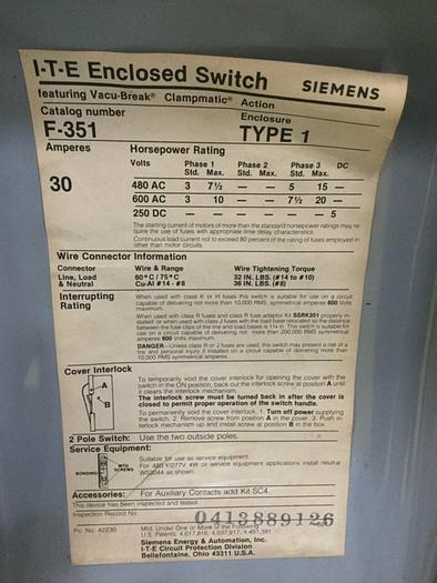 Used SIEMENS 30 Amp ITE Heavy Duty Vacu-Break F-351 #115958