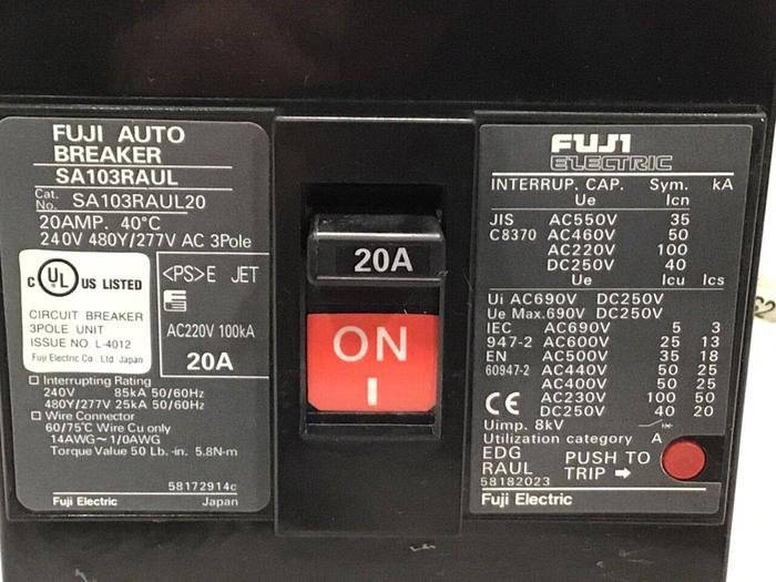 Used FUJI ELECTRIC 20 Amp Circuit Breaker SA103RAUL20 #124173