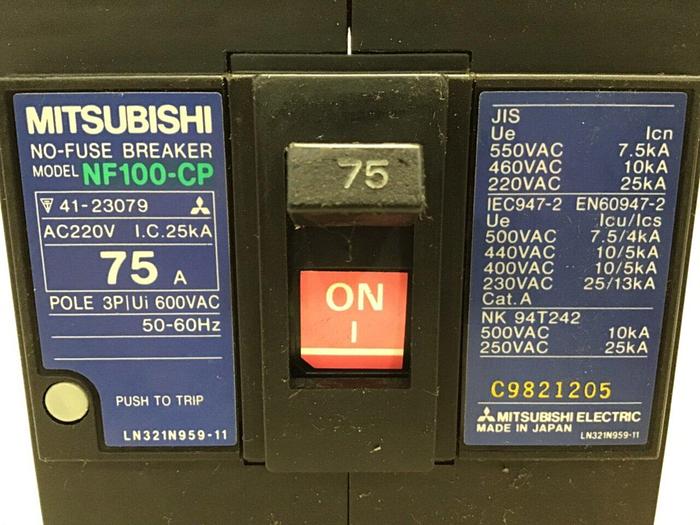 Used MITSUBISHI 75 Amp Breaker & Control Switch NF100-CP 75 AMP Used
