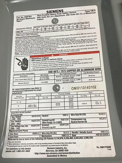 Used SIEMENS 30 Amp Safety Disconnect Switch HNF361 VBII #137851