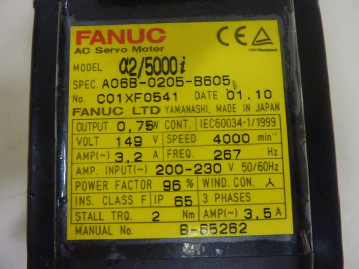 Used FANUC 0.75 kW (1 HP) AC Servo Motor A06B-0205-B605 Used
