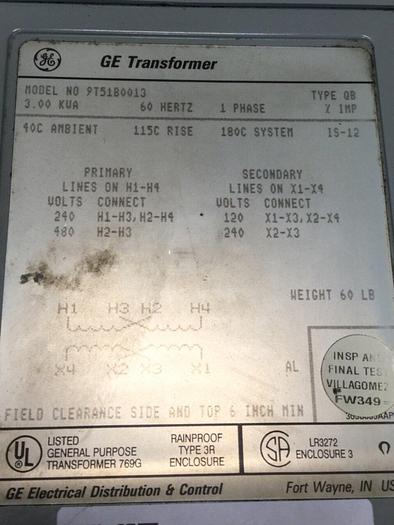 Used GENERAL ELECTRIC 3.00 kVA Transformer 9T51B0013 #102069