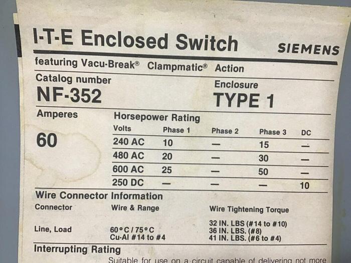 Used SIEMENS Safety Disconnect Switch NF352 #130001