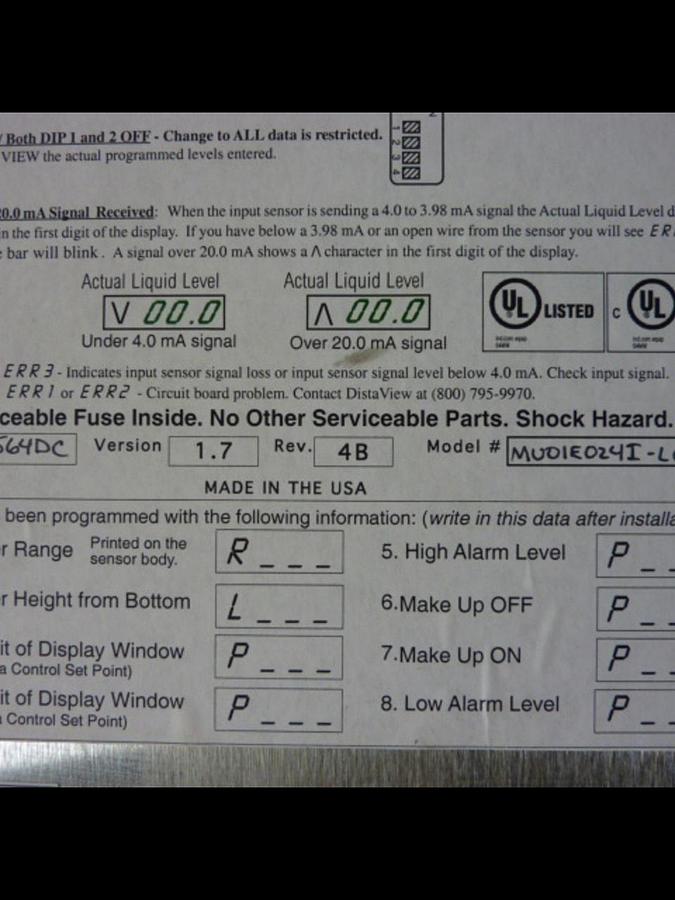 Used DISTAVIEW Liquid Level Controller MU0IE024I-LQV USED
