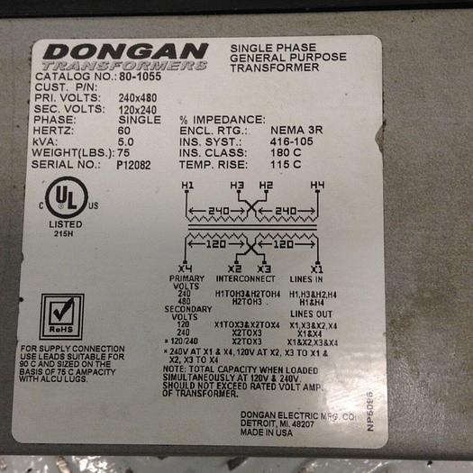 Used DONGAN 5.0 kVA Transformer 80-1055 #89059