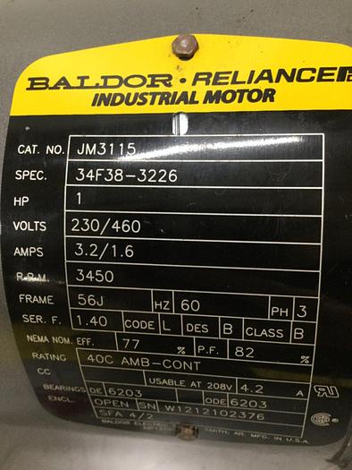 Used BALDOR 1 HP Motor w/ Pump JM3115 #110461