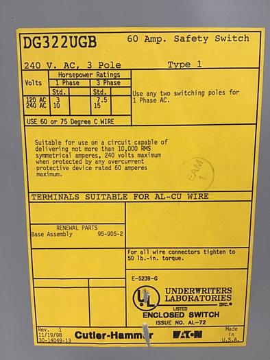 Used CUTLER HAMMER Safety Switch DG322UGB #130008
